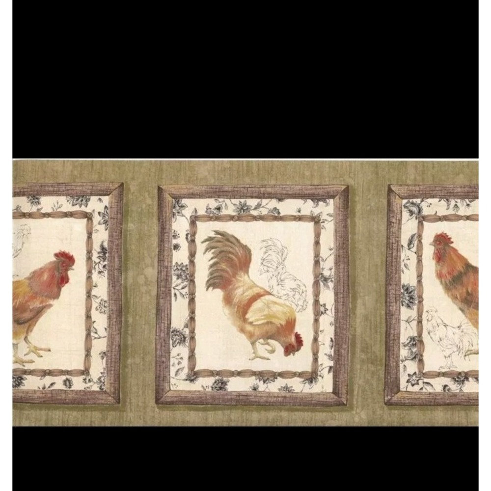 Wallpaper Border Waverly Framed Roosters On Tan & Green NIP CottageCore FarmCore